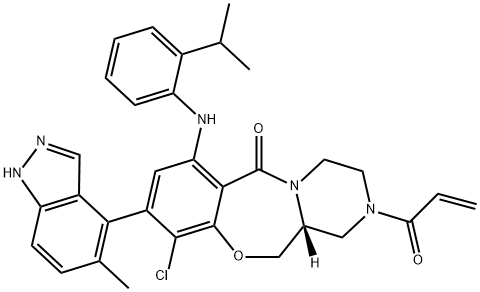 6H-Pyrazino[2,1-c][1,4]benzoxazepin-6-one, 10-chloro-1,2,3,4,12,12a-hexahydro-7-[[2-(1-methylethyl)phenyl]amino]-9-(5-methyl-1H-indazol-4-yl)-2-(1-oxo-2-propen-1-yl)-, (12aR)- 구조식 이미지