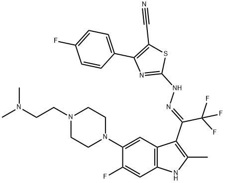 5-Thiazolecarbonitrile, 2-[(2Z)-2-[1-[5-[4-[2-(dimethylamino)ethyl]-1-piperazinyl]-6-fluoro-2-methyl-1H-indol-3-yl]-2,2,2-trifluoroethylidene]hydrazinyl]-4-(4-fluorophenyl)- Structure