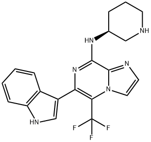 Imidazo[1,2-a]pyrazin-8-amine, 6-(1H-indol-3-yl)-N-(3S)-3-piperidinyl-5-(trifluoromethyl)- Structure