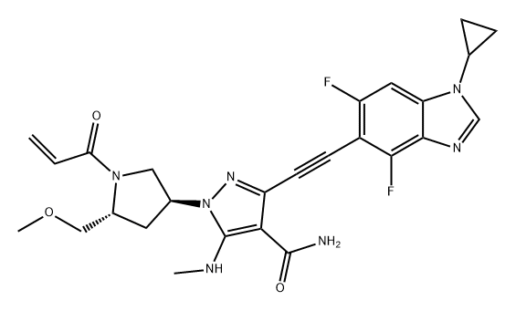 1H-Pyrazole-4-carboxamide, 3-[2-(1-cyclopropyl-4,6-difluoro-1H-benzimidazol-5-yl)ethynyl]-1-[(3S,5R)-5-(methoxymethyl)-1-(1-oxo-2-propen-1-yl)-3-pyrrolidinyl]-5-(methylamino)- Structure