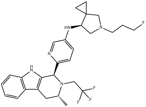 5-Azaspiro[2.4]heptan-7-amine, 5-(3-fluoropropyl)-N-[6-[(1S,3R)-2,3,4,9-tetrahydro-3-methyl-2-(2,2,2-trifluoroethyl)-1H-pyrido[3,4-b]indol-1-yl]-3-pyridinyl]-, (7S)- Structure