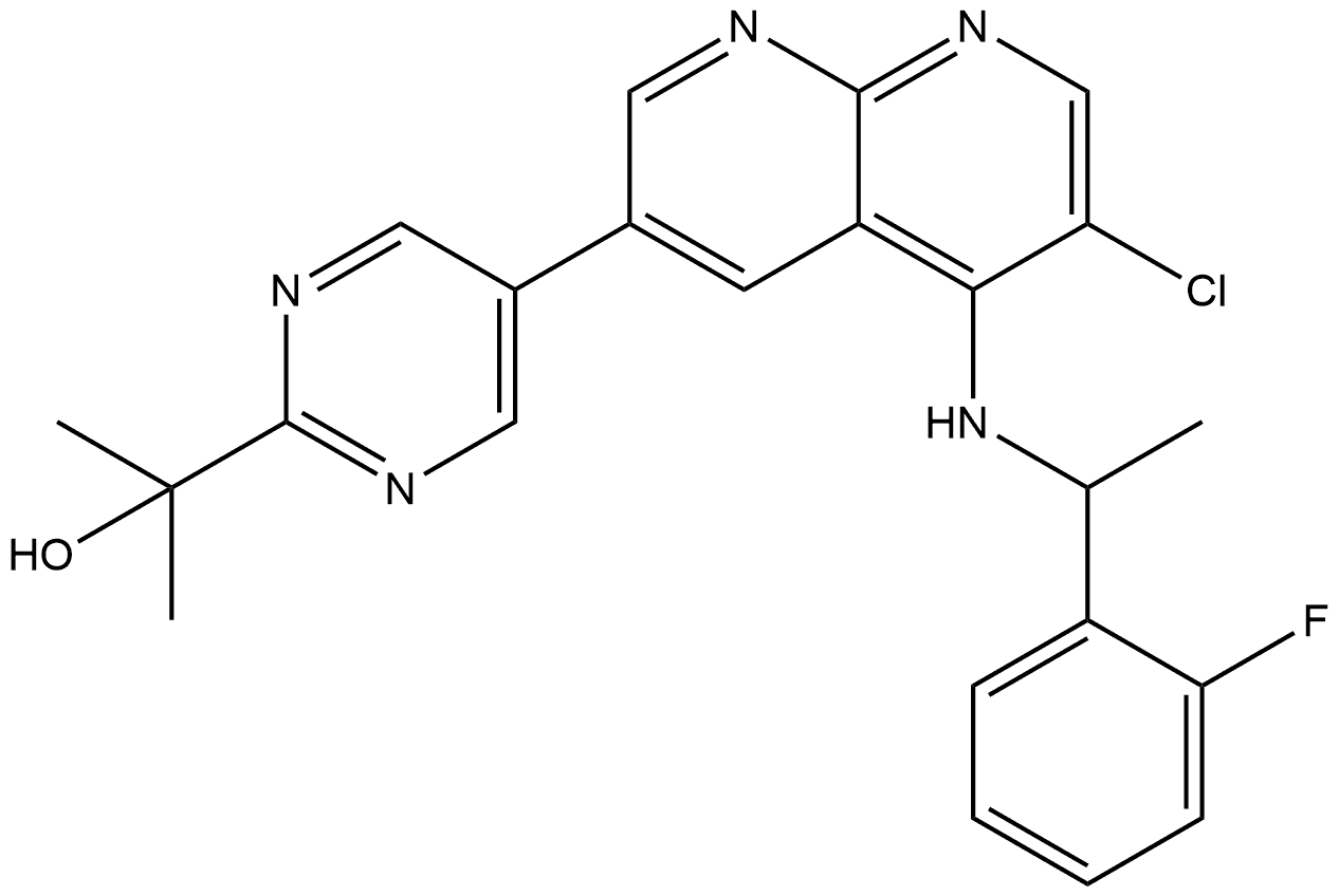 2-(5-(6-chloro-5-((1-(2-fluorophenyl)ethyl)amino)-1,8-naphthyridin-3-yl)pyrimidin-2-yl)propan-2-ol Structure