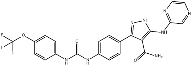 1H-Pyrazole-4-carboxamide, 5-(2-pyrazinylamino)-3-[4-[[[[4-(trifluoromethoxy)phenyl]amino]carbonyl]amino]phenyl]- Structure