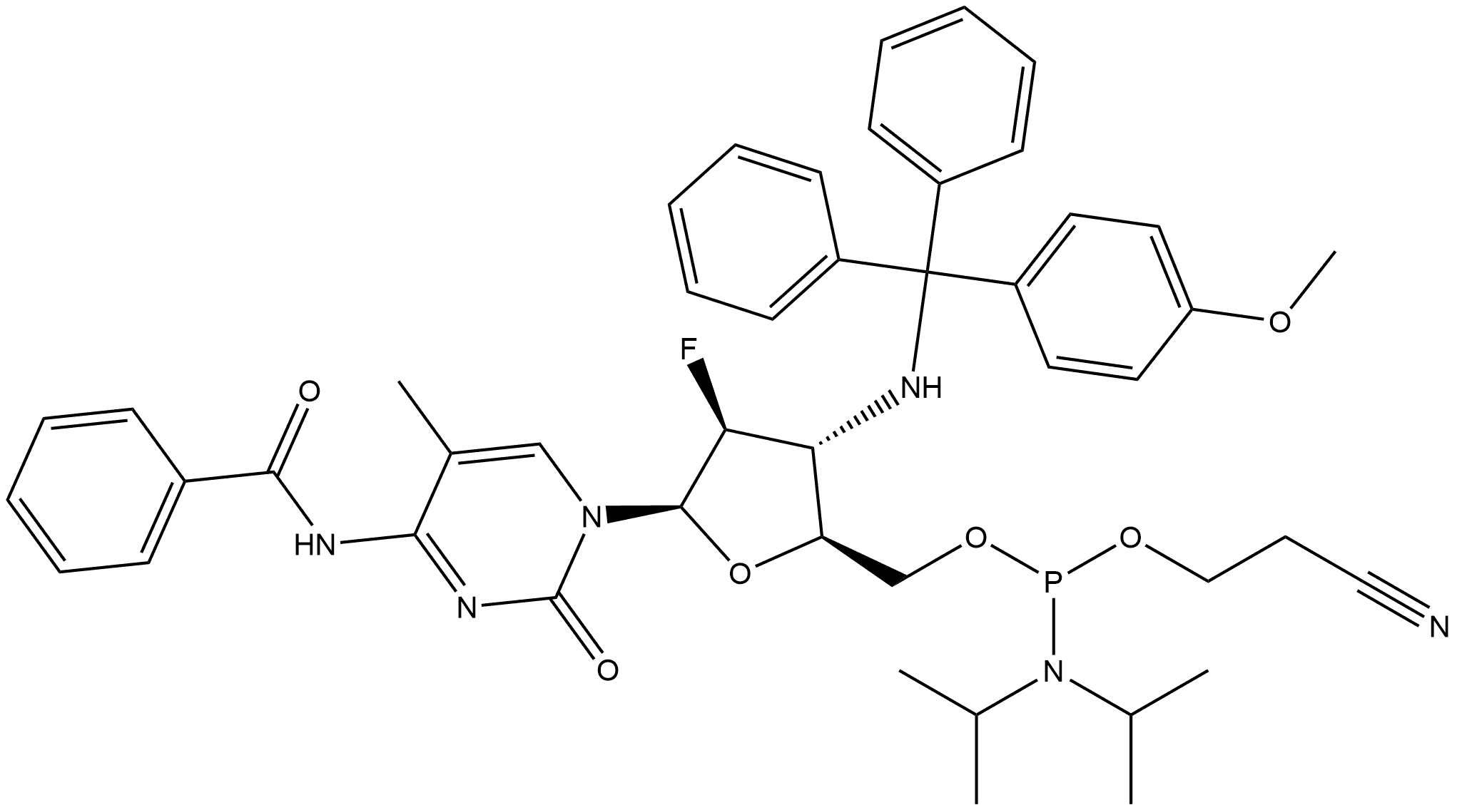 Benzamide, N-[1-[5-O-[[bis(1-methylethyl)amino](2-cyanoethoxy)phosphino]-2,3-dideoxy-2-fluoro-3-[[(4-methoxyphenyl)diphenylmethyl]amino]-β-D-arabinofuranosyl]-1,2-dihydro-5-methyl-2-oxo-4-pyrimidinyl]- Structure