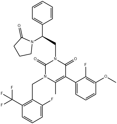 2,4(1H,3H)-Pyrimidinedione, 5-(2-fluoro-3-methoxyphenyl)-1-[[2-fluoro-6-(trifluoromethyl)phenyl]methyl]-6-methyl-3-[(2S)-2-(2-oxo-1-pyrrolidinyl)-2-phenylethyl]- Structure