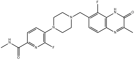 2-Pyridinecarboxamide, 6-fluoro-5-[4-[(5-fluoro-3,4-dihydro-2-methyl-3-oxo-6-quinoxalinyl)methyl]-1-piperazinyl]-N-methyl- Structure