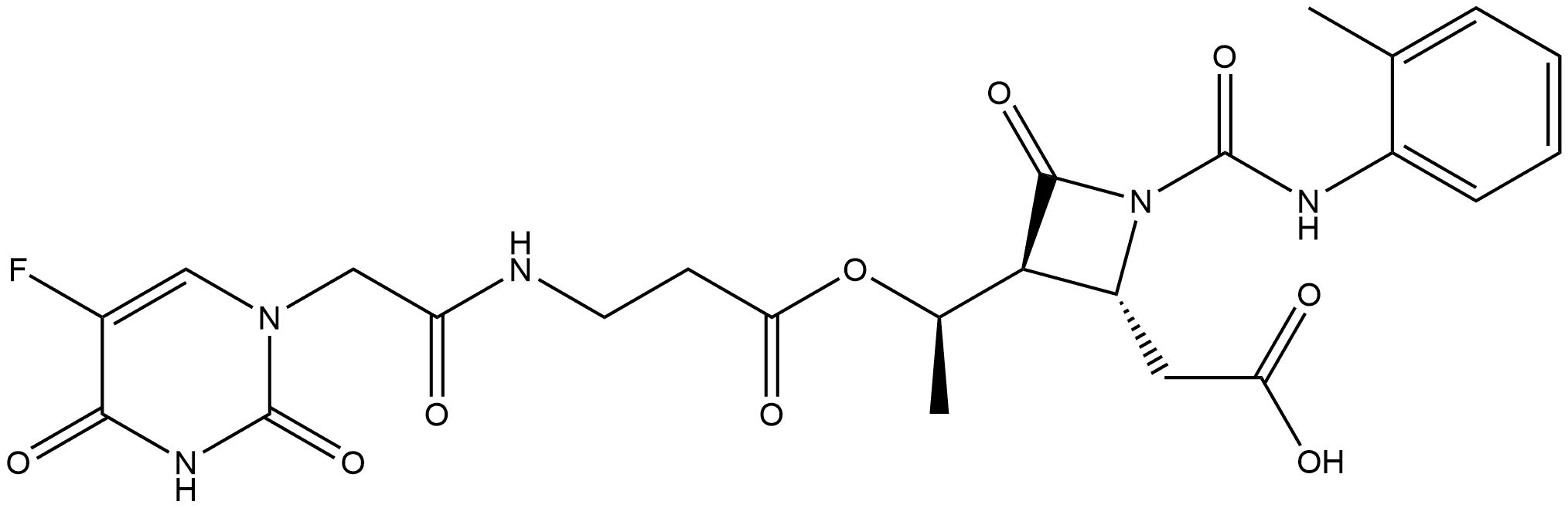β-Alanine, N-[2-(5-fluoro-3,4-dihydro-2,4-dioxo-1(2H)-pyrimidinyl)acetyl]-, (1R)-1-[(2R,3S)-2-(carboxymethyl)-1-[[(2-methylphenyl)amino]carbonyl]-4-oxo-3-azetidinyl]ethyl ester 구조식 이미지