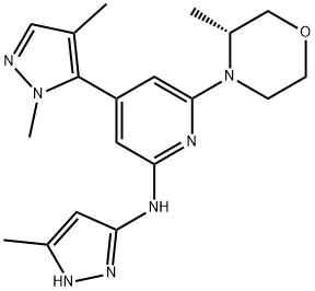 2-Pyridinamine, 4-(1,4-dimethyl-1H-pyrazol-5-yl)-6-[(3R)-3-methyl-4-morpholinyl]-N-(5-methyl-1H-pyrazol-3-yl)- Structure