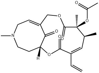 2,9-Dioxa-14-azabicyclo[9.5.1]heptadeca-4,11-diene-3,8,17-trione, 7-(acetyloxy)-4-ethenyl-6,7,14-trimethyl-, (1R,4Z,6S,7S)- 구조식 이미지