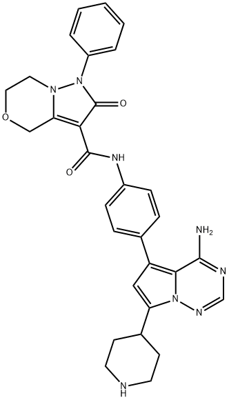 1H-Pyrazolo[5,1-c][1,4]oxazine-3-carboxamide, N-[4-[4-amino-7-(4-piperidinyl)pyrrolo[2,1-f][1,2,4]triazin-5-yl]phenyl]-2,4,6,7-tetrahydro-2-oxo-1-phenyl- Structure