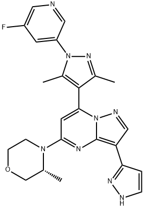 Pyrazolo[1,5-a]pyrimidine, 7-[1-(5-fluoro-3-pyridinyl)-3,5-dimethyl-1H-pyrazol-4-yl]-5-[(3R)-3-methyl-4-morpholinyl]-3-(1H-pyrazol-3-yl)- Structure