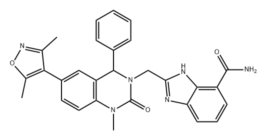 1H-Benzimidazole-7-carboxamide, 2-[[6-(3,5-dimethyl-4-isoxazolyl)-1,4-dihydro-1-methyl-2-oxo-4-phenyl-3(2H)-quinazolinyl]methyl]- Structure