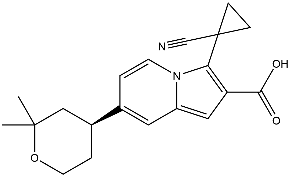 (S)-3-(1-Cyanocyclopropyl)-7-(2,2-dimethyltetrahydro-2H-pyran-4-yl)indolizine-2-carboxylic Acid 구조식 이미지