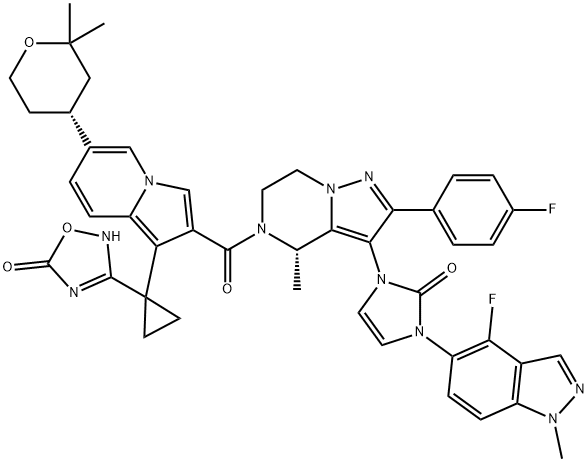 1,2,4-Oxadiazol-5(2H)-one, 3-[1-[2-[[(4S)-3-[3-(4-fluoro-1-methyl-1H-indazol-5-yl)-2,3-dihydro-2-oxo-1H-imidazol-1-yl]-2-(4-fluorophenyl)-6,7-dihydro-4-methylpyrazolo[1,5-a]pyrazin-5(4H)-yl]carbonyl]-6-[(4R)-tetrahydro-2,2-dimethyl-2H-pyran-4-yl]-1-indolizinyl]cyclopropyl]- Structure