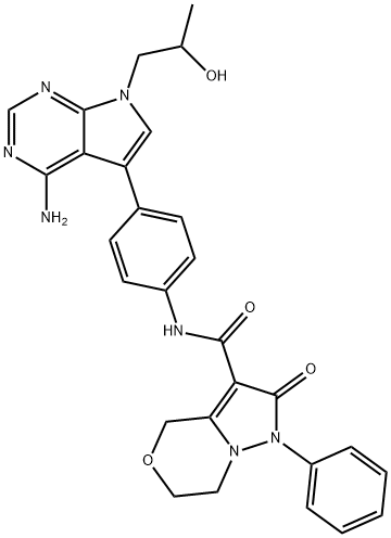 1H-Pyrazolo[5,1-c][1,4]oxazine-3-carboxamide, N-[4-[4-amino-7-(2-hydroxypropyl)-7H-pyrrolo[2,3-d]pyrimidin-5-yl]phenyl]-2,4,6,7-tetrahydro-2-oxo-1-phenyl- Structure