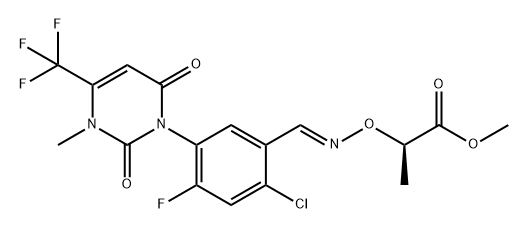 Propanoic acid, 2-[[(E)-[[2-chloro-5-[3,6-dihydro-3-methyl-2,6-dioxo-4-(trifluoromethyl)-1(2H)-pyrimidinyl]-4-fluorophenyl]methylene]amino]oxy]-, methyl ester, (2R)- Structure
