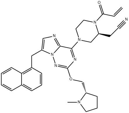 2-Piperazineacetonitrile, 4-[2-[[(2S)-1-methyl-2-pyrrolidinyl]methoxy]-7-(1-naphthalenylmethyl)imidazo[2,1-f][1,2,4]triazin-4-yl]-1-(1-oxo-2-propen-1-yl)-, (2S)- Structure