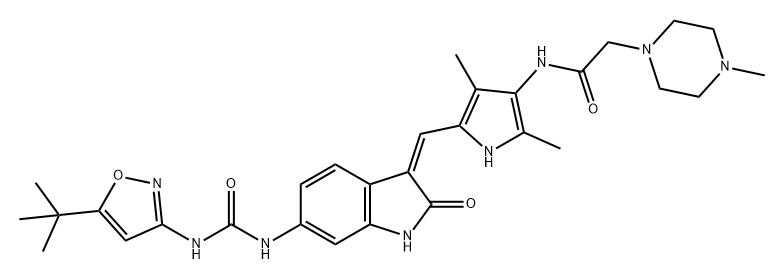 1-Piperazineacetamide, N-[5-[(Z)-[6-[[[[5-(1,1-dimethylethyl)-3-isoxazolyl]amino]carbonyl]amino]-1,2-dihydro-2-oxo-3H-indol-3-ylidene]methyl]-2,4-dimethyl-1H-pyrrol-3-yl]-4-methyl- Structure