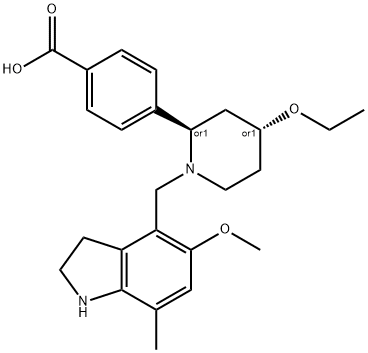 Benzoic acid, 4-[(2R,4R)-1-[(2,3-dihydro-5-methoxy-7-methyl-1H-indol-4-yl)methyl]-4-ethoxy-2-piperidinyl]-, rel- Structure