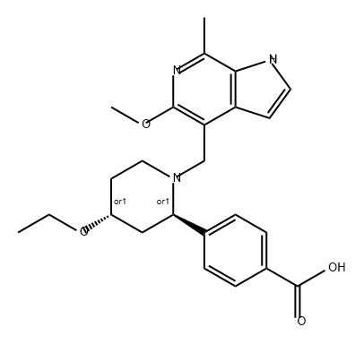 Benzoic acid, 4-[(2R,4R)-4-ethoxy-1-[(5-methoxy-7-methyl-1H-pyrrolo[2,3-c]pyridin-4-yl)methyl]-2-piperidinyl]-, rel- Structure