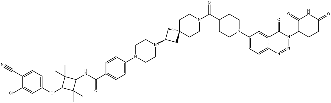 Benzamide, N-[trans-3-(3-chloro-4-cyanophenoxy)-2,2,4,4-tetramethylcyclobutyl]-4-[4-[7-[[1-[3-(2,6-dioxo-3-piperidinyl)-3,4-dihydro-4-oxo-1,2,3-benzotriazin-6-yl]-4-piperidinyl]carbonyl]-7-azaspiro[3.5]non-2-yl]-1-piperazinyl]- Structure