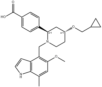 Benzoic acid, 4-[(2R,4R)-4-(cyclopropylmethoxy)-1-[(5-methoxy-7-methyl-1H-indol-4-yl)methyl]-2-piperidinyl]-, rel- Structure