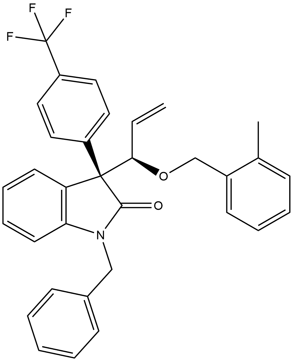 (3R)-1,3-Dihydro-3-[(1R)-1-[(2-methylphenyl)methoxy]-2-propen-1-yl]-1-(phenylmethyl)-3-[4-(trifluoromethyl)phenyl]-2H-indol-2-one Structure