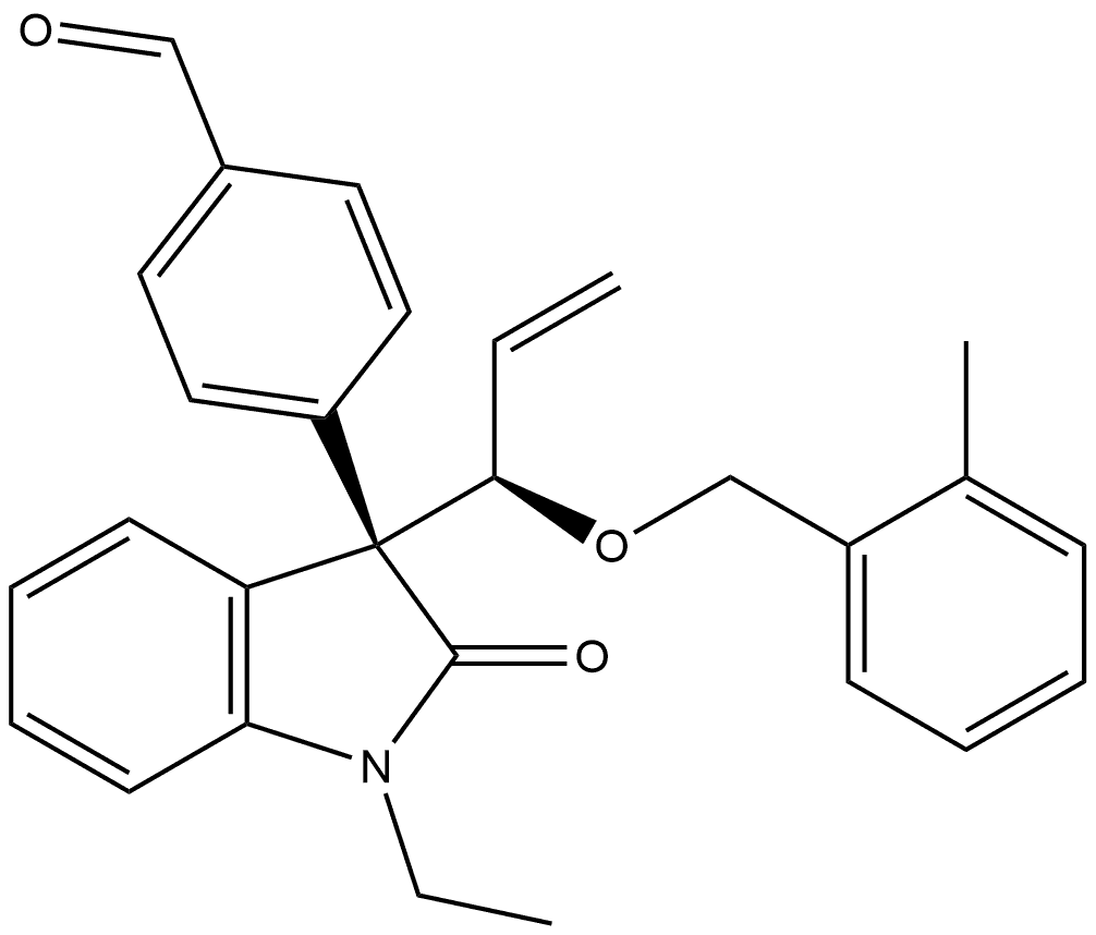 4-[(3R)-1-Ethyl-2,3-dihydro-3-[(1R)-1-[(2-methylphenyl)methoxy]-2-propen-1-yl]-2-oxo-1H-indol-3-yl]benzaldehyde Structure