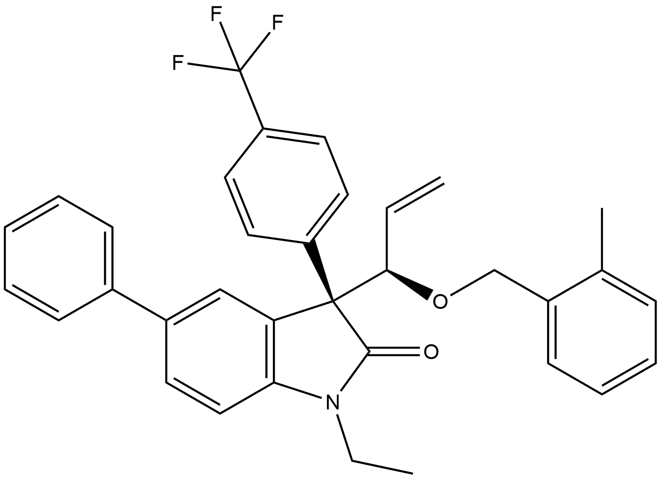 (3R)-1-Ethyl-1,3-dihydro-3-[(1R)-1-[(2-methylphenyl)methoxy]-2-propen-1-yl]-5-phenyl-3-[4-(trifluoromethyl)phenyl]-2H-indol-2-one Structure