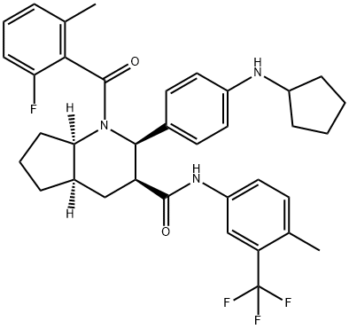 1H-Cyclopenta[b]pyridine-3-carboxamide, 2-[4-(cyclopentylamino)phenyl]-1-(2-fluoro-6-methylbenzoyl)octahydro-N-[4-methyl-3-(trifluoromethyl)phenyl]-, (2R,3S,4aR,7aR)- 구조식 이미지