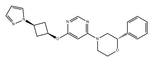 Morpholine, 2-phenyl-4-[6-[[cis-3-(1H-pyrazol-1-yl)cyclobutyl]oxy]-4-pyrimidinyl]-, (2S)- Structure