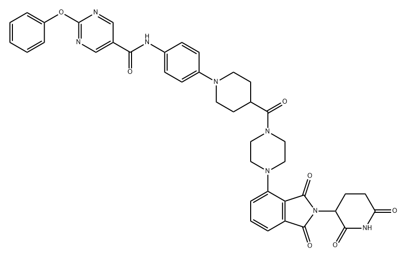5-Pyrimidinecarboxamide, N-[4-[4-[[4-[2-(2,6-dioxo-3-piperidinyl)-2,3-dihydro-1,3-dioxo-1H-isoindol-4-yl]-1-piperazinyl]carbonyl]-1-piperidinyl]phenyl]-2-phenoxy- 구조식 이미지