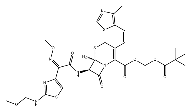 5-Thia-1-azabicyclo[4.2.0]oct-2-ene-2-carboxylic acid, 7-[[(2Z)-2-(methoxyimino)-2-[2-[(methoxymethyl)amino]-4-thiazolyl]acetyl]amino]-3-[(1Z)-2-(4-methyl-5-thiazolyl)ethenyl]-8-oxo-, (2,2-dimethyl-1-oxopropoxy)methyl ester, (6R,7R)- 구조식 이미지