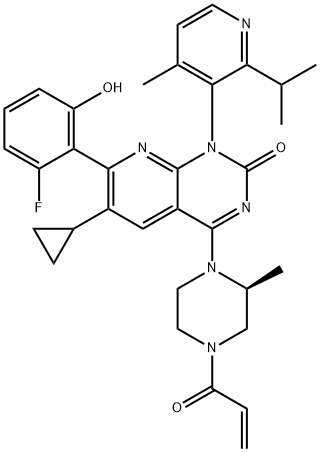 Pyrido[2,3-d]pyrimidin-2(1H)-one, 6-cyclopropyl-7-(2-fluoro-6-hydroxyphenyl)-1-[4-methyl-2-(1-methylethyl)-3-pyridinyl]-4-[(2S)-2-methyl-4-(1-oxo-2-propen-1-yl)-1-piperazinyl]- Structure