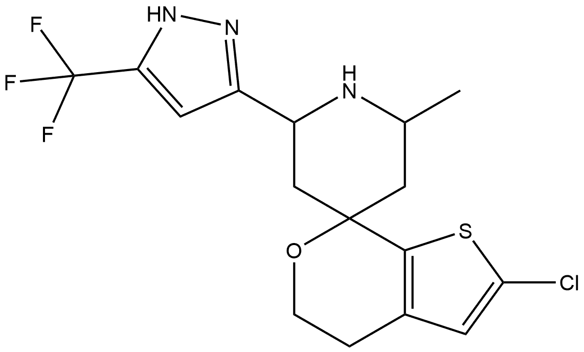 2'-chloro-2-methyl-6-(5-(trifluoromethyl)-1H-pyrazol-3-yl)-4',5'-dihydrospiro[piperidine-4,7'-thieno[2,3-c]pyran 구조식 이미지