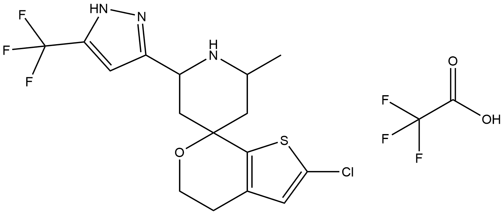 2'-chloro-2-methyl-6-(5-(trifluoromethyl)-1H-pyrazol-3-yl)-4',5'-dihydrospiro[piperidine-4,7'-thieno[2,3-c]pyran] 2,2,2-trifluoroacetate 구조식 이미지