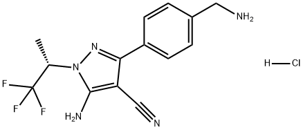 1H-Pyrazole-4-carbonitrile, 5-amino-3-[4-(aminomethyl)phenyl]-1-[(1S)-2,2,2-trifluoro-1-methylethyl]-, hydrochloride (1:1) Structure