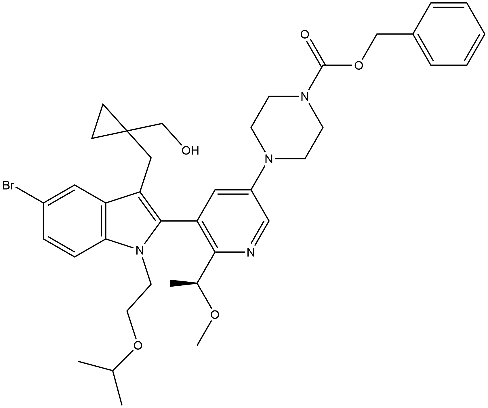 benzyl (S)-4-(5-(5-bromo-3-((1-(hydroxymethyl)cyclopropyl)methyl)-1-(2-isopropoxyethyl)-1H-indol-2-yl)-6-(1-methoxyethyl)pyridin-3-yl)piperazine-1-carboxylate Structure