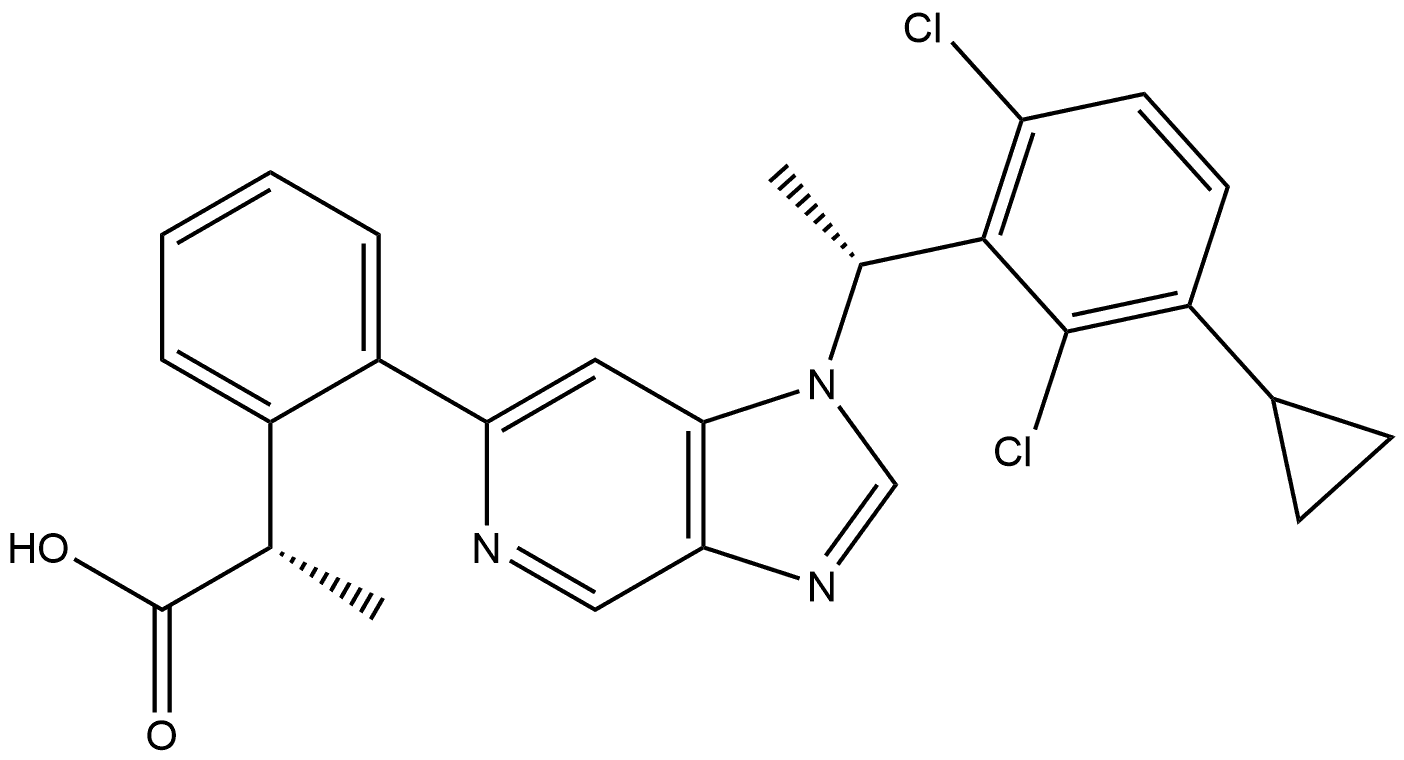 (αS)-2-[1-[(1R)-1-(2,6-Dichloro-3-cyclopropylphenyl)ethyl]-1H-imidazo[4,5-c]pyridin-6-yl]-α-methylbenzeneacetic acid 구조식 이미지