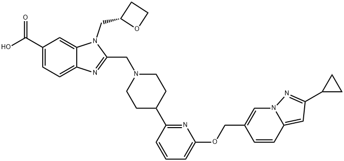 1H-Benzimidazole-6-carboxylic acid, 2-[[4-[6-[(2-cyclopropylpyrazolo[1,5-a]pyridin-6-yl)methoxy]-2-pyridinyl]-1-piperidinyl]methyl]-1-[(2S)-2-oxetanylmethyl]- Structure