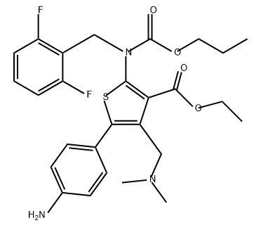 3-Thiophenecarboxylic acid, 5-(4-aminophenyl)-2-[[(2,6-difluorophenyl)methyl](propoxycarbonyl)amino]-4-[(dimethylamino)methyl]-, ethyl ester Structure