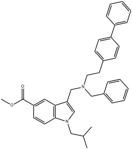 1H-Indole-5-carboxylic acid, 3-[[(2-[1,1'-biphenyl]-4-ylethyl)(phenylmethyl)amino]methyl]-1-(2-methylpropyl)-, methyl ester 구조식 이미지