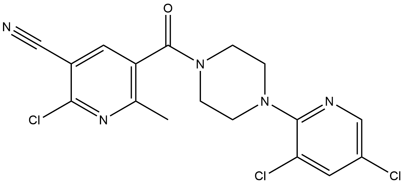 2-chloro-5-(4-(3,5-dichloropyridin-2-yl)piperazine-1-carbonyl)-6-methylnicotinonitrile 구조식 이미지