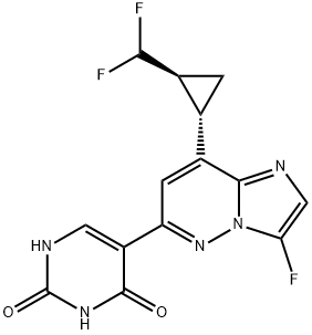 2,4(1H,3H)-Pyrimidinedione, 5-[8-[(1S,2S)-2-(difluoromethyl)cyclopropyl]-3-fluoroimidazo[1,2-b]pyridazin-6-yl]- Structure