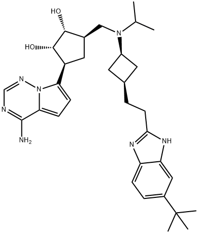 (1R,2S,3S,5R)-3-(4-Aminopyrrolo[2,1-f][1,2,4]triazin-7-yl)-5-[[[cis-3-[2-[6-(1,1-dimethylethyl)-1H-benzimidazol-2-yl]ethyl]cyclobutyl](1-methylethyl)amino]methyl]-1,2-cyclopentanediol Structure