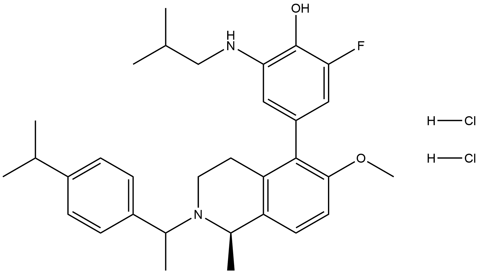 Phenol, 2-fluoro-6-[(2-methylpropyl)amino]-4-[(1R)-1,2,3,4-tetrahydro-6-methoxy-1-methyl-2-[1-[4-(1-methylethyl)phenyl]ethyl]-5-isoquinolinyl]-, hydrochloride (1:2) Structure