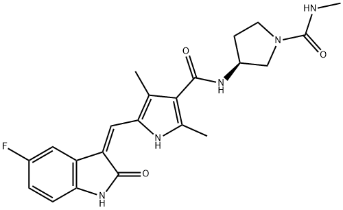 5-[(Z)-(5-Fluoro-1,2-dihydro-2-oxo-3H-indol-3-ylidene)methyl]-2,4-dimethyl-N-[(3S)-1-[(methylamino)carbonyl]-3-pyrrolidinyl]-1H-pyrrole-3-carboxamide Structure