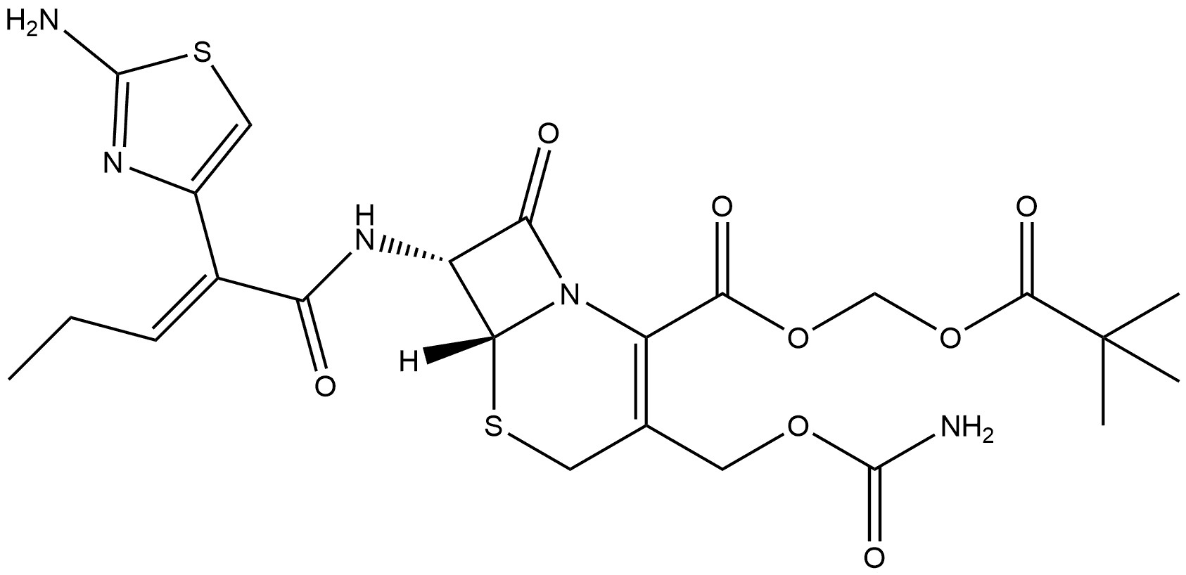 (2,2-Dimethyl-1-oxopropoxy)methyl (6R,7R)-3-[[(aminocarbonyl)oxy]methyl]-7-[[(2E)-2-(2-amino-4-thiazolyl)-1-oxo-2-penten-1-yl]amino]-8-oxo-5-thia-1-azabicyclo[4.2.0]oct-2-ene-2-carboxylate Structure