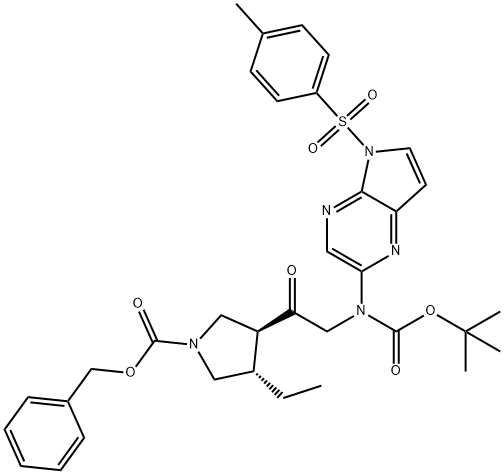 Phenylmethyl (3S,4S)-3-[2-[[(1,1-dimethylethoxy)carbonyl][5-[(4-methylphenyl)sulfonyl]-5H-pyrrolo[2,3-b]pyrazin-2-yl]amino]acetyl]-4-ethyl-1-pyrrolidinecarboxylate 구조식 이미지