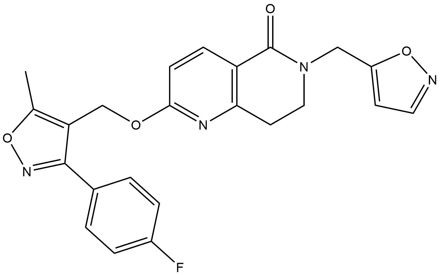 2-((3-(4-fluorophenyl)-5-methylisoxazol-4-yl)methoxy)-6-(isoxazol-5-ylmethyl)-7,8-dihydro-1,6-naphthyridin-5(6H)-one Structure